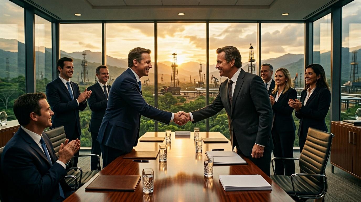 Dos ejecutivos se dan la mano en reunión corporativa con equipo aplaudiendo