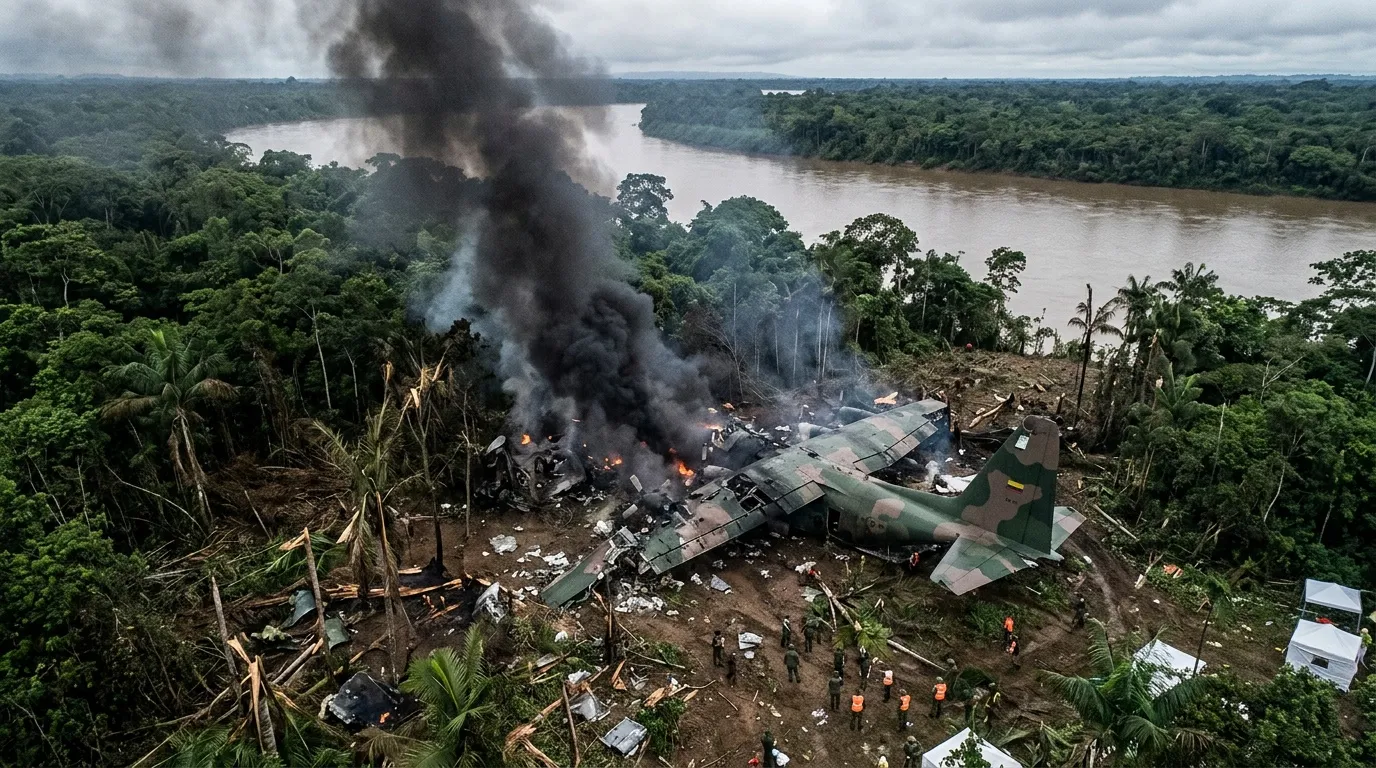 Avión militar en llamas en selva amazónica junto rĆo