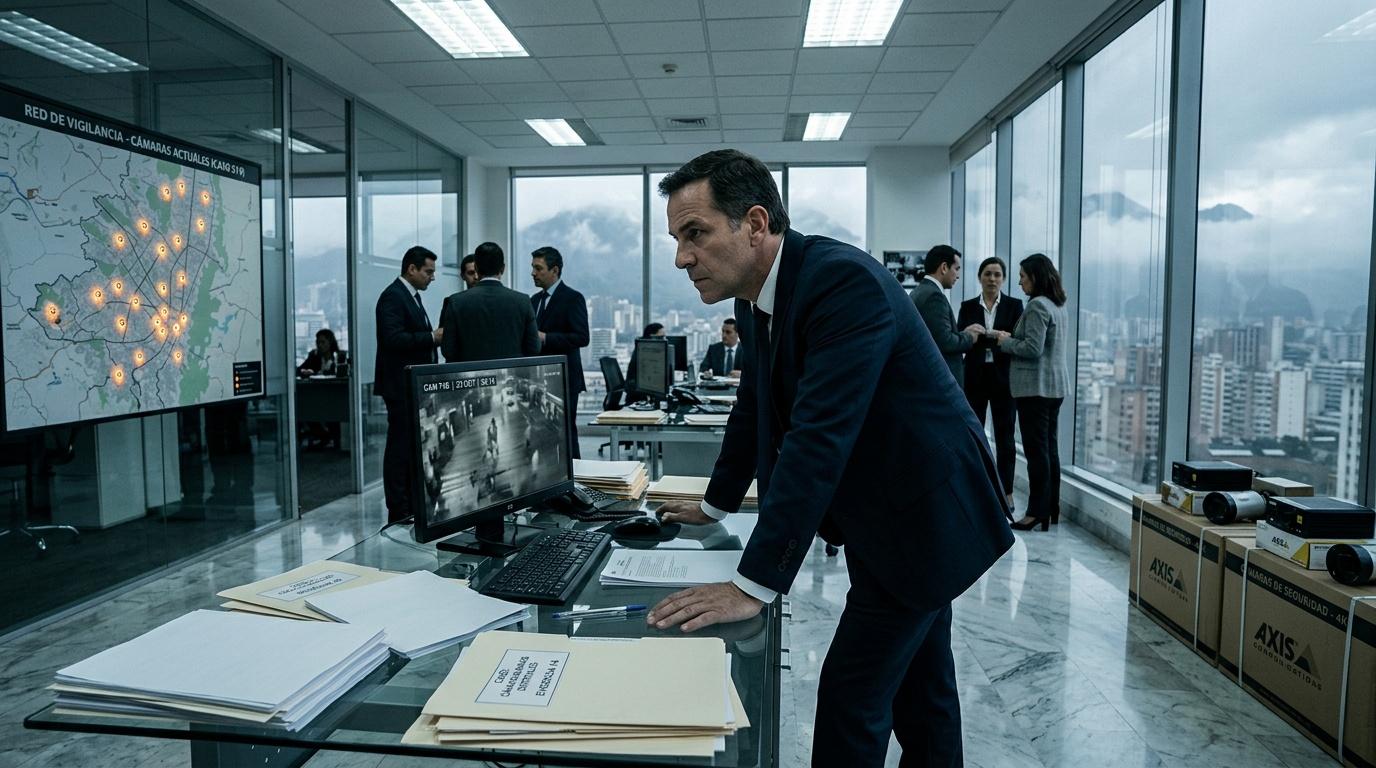 Hombre en oficina moderna monitoreando cámaras de vigilancia ciudadana