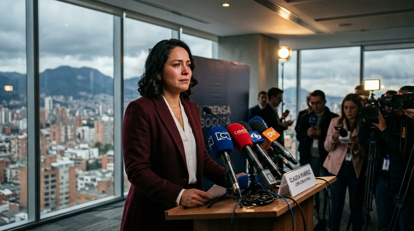 Mujer en conferencia de prensa frente a micrófonos en Bogotá
