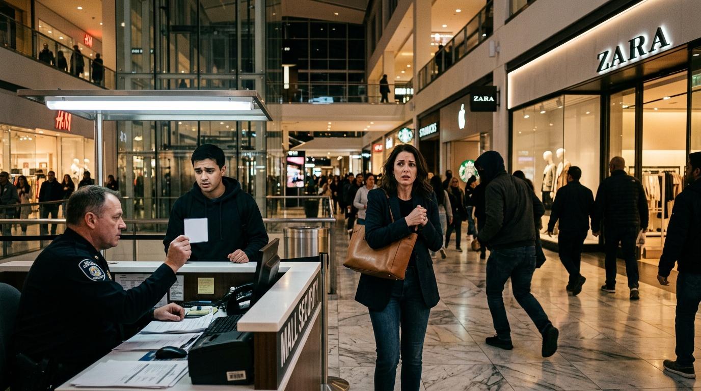 Oficial de seguridad verifica documentos de personas en centro comercial
