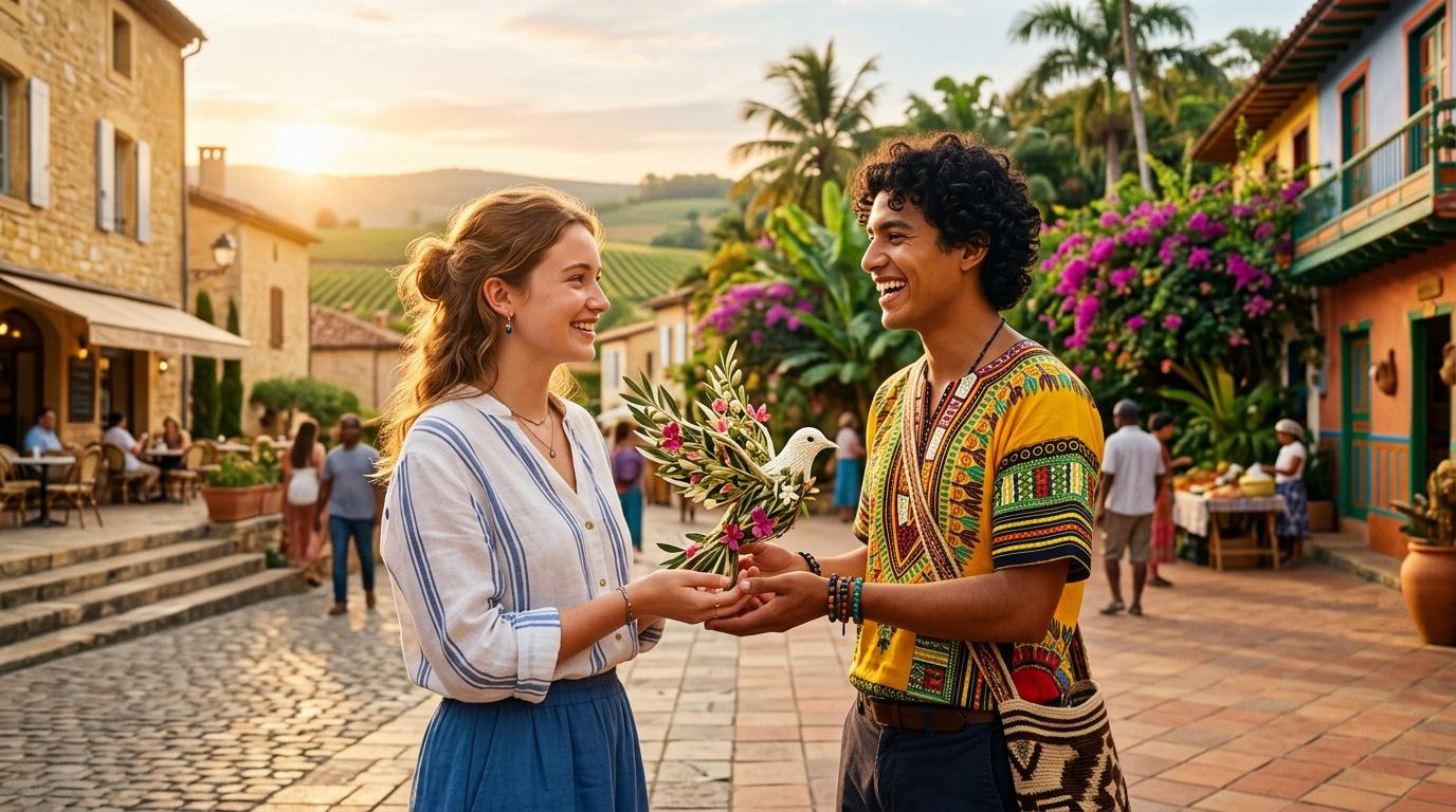 Dos jóvenes intercambian flores en pueblo tradicional al atardecer