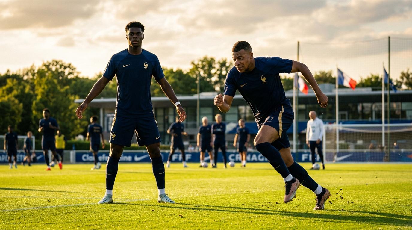Jugadores franceses en entrenamiento de fĂştbol en cancha