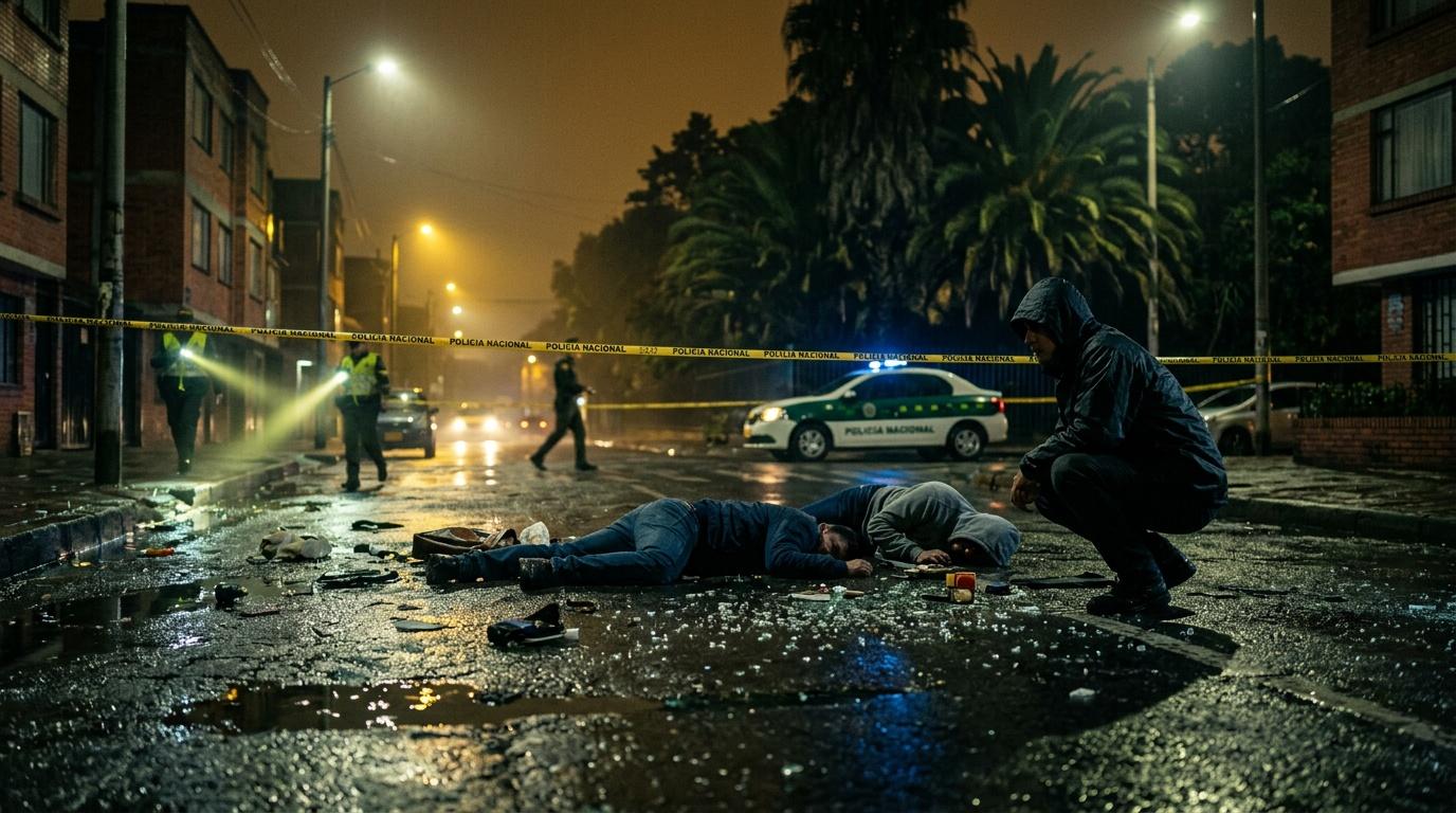 Policía investiga víctimas en calle mojada durante noche
