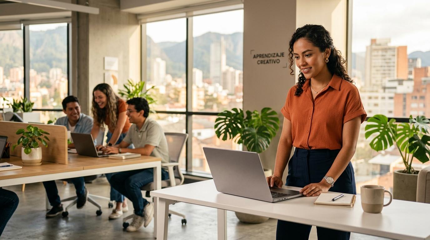 Mujer trabajando en laptop en oficina moderna con cityscape