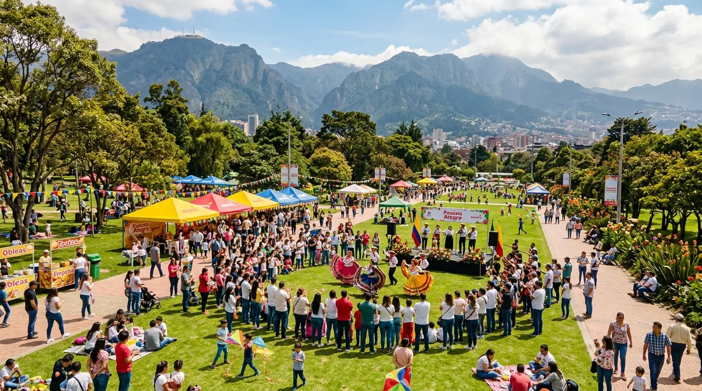Multitud disfrutando festival al aire libre con montañas fondo