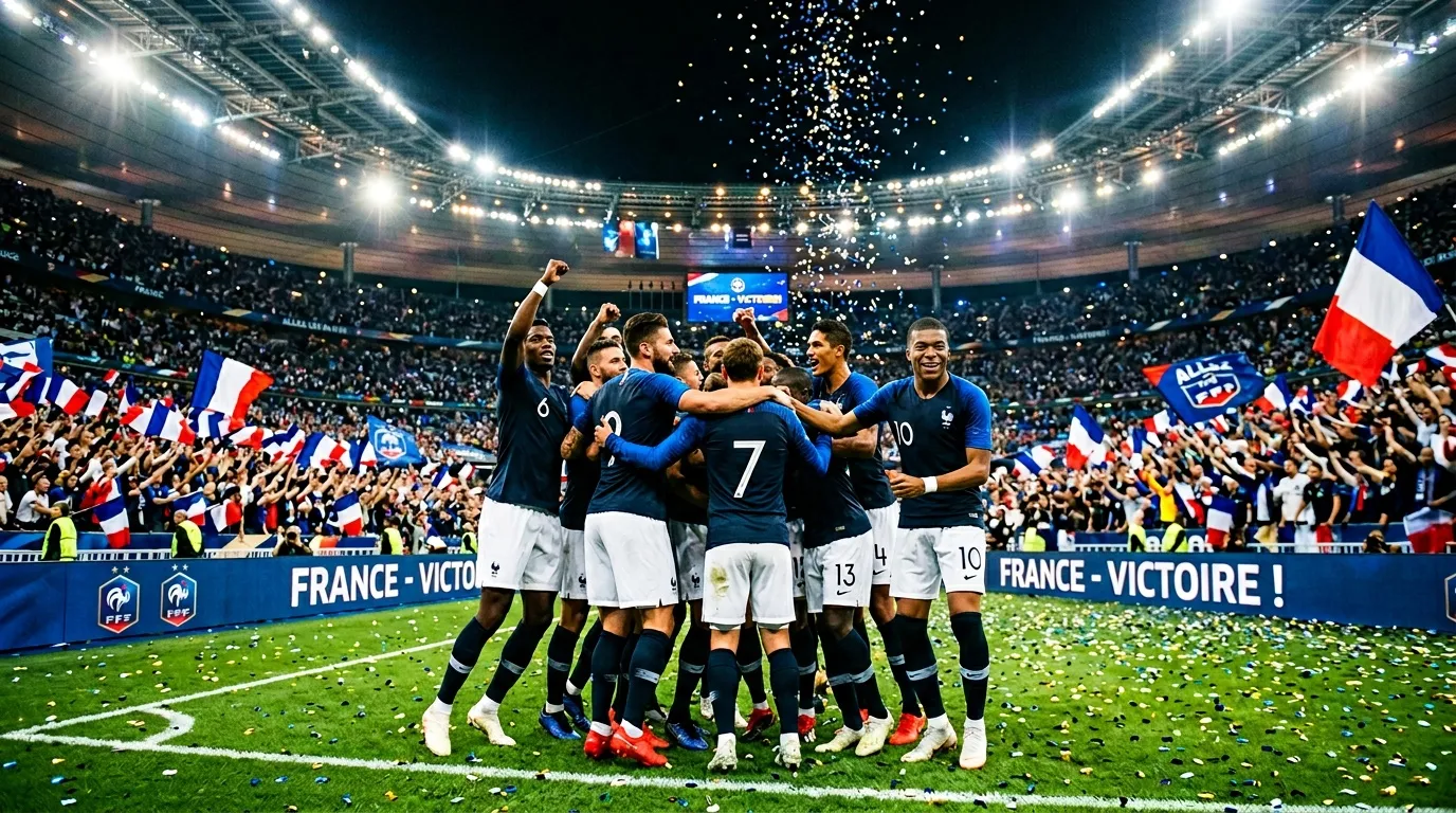 Equipo francés celebra en campo con confeti cayendo