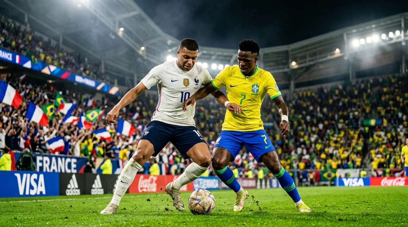 Jugadores de Francia y Brasil disputan el balón en estadio
