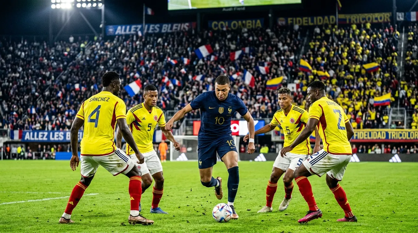 Jugador francés controla balón rodeado de defensores colombianos