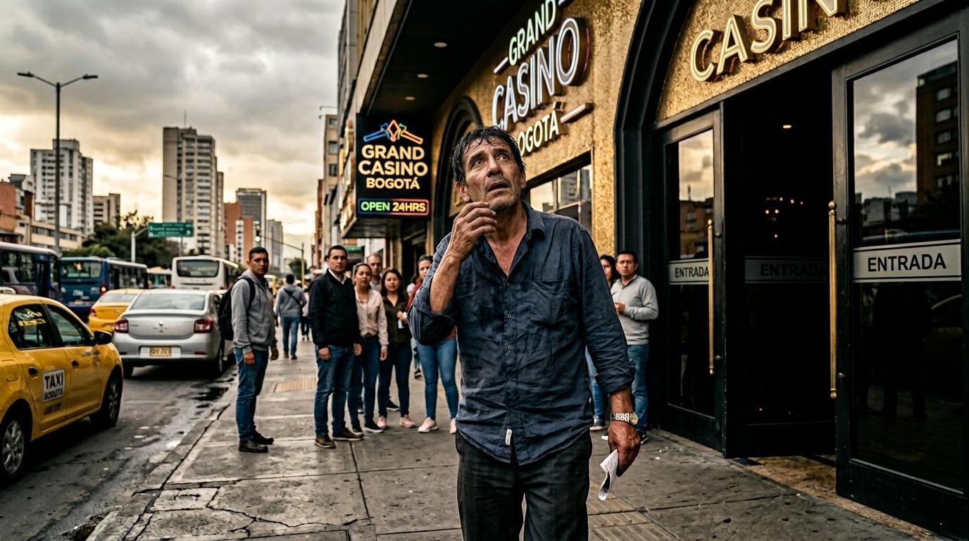 Hombre contemplativo frente a casino en Bogotá, Colombia