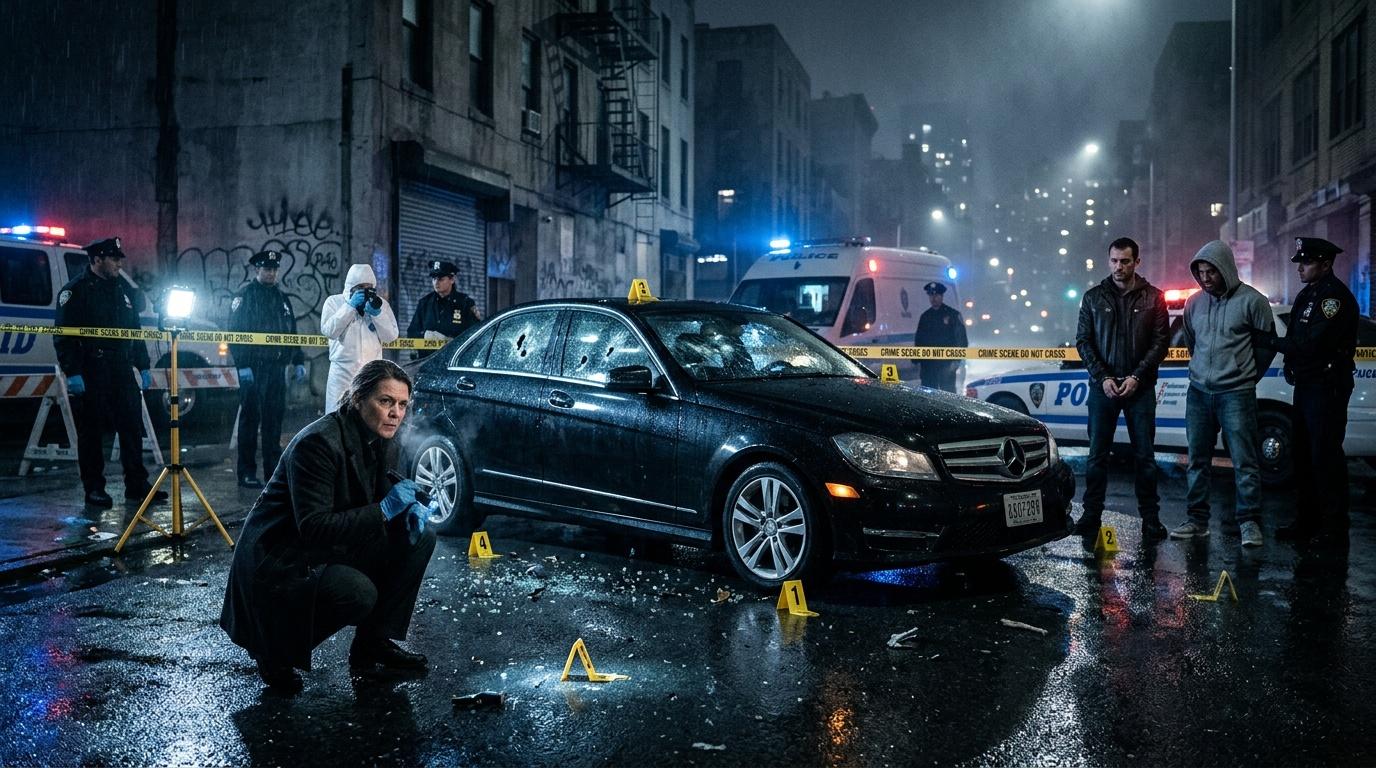 Detective examina vehÃculo en escena de crimen urbana nocturna
