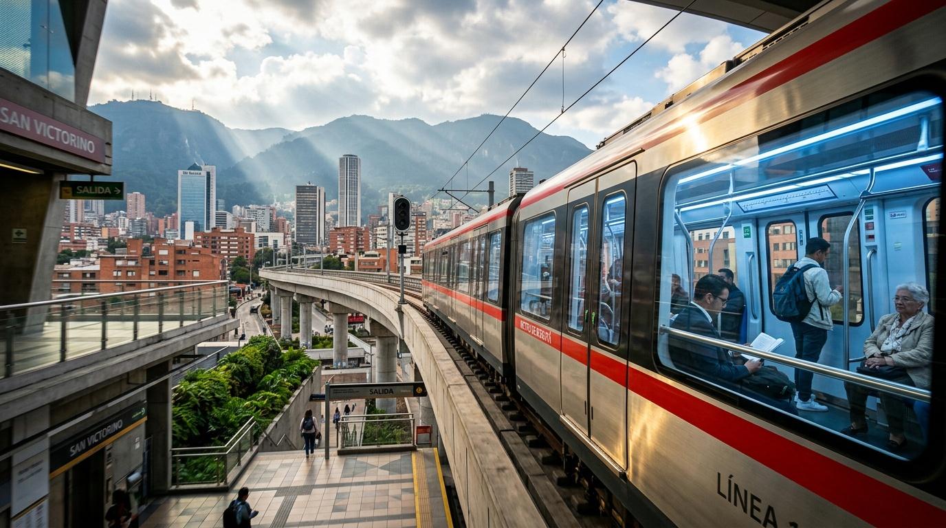 Tren rojo y blanco en estación con montañas de fondo