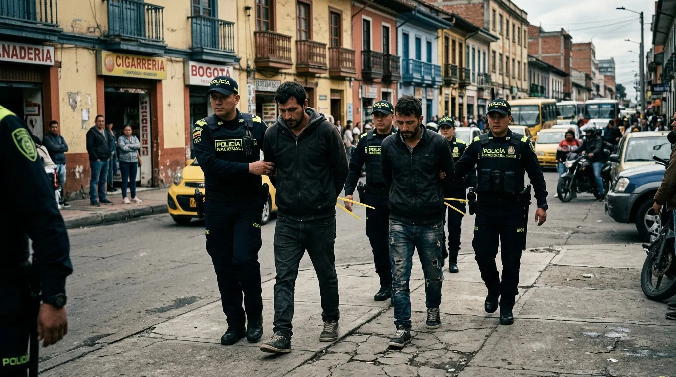 Policía Nacional colombiana escoltan a detenidos por calle de Bogotá.