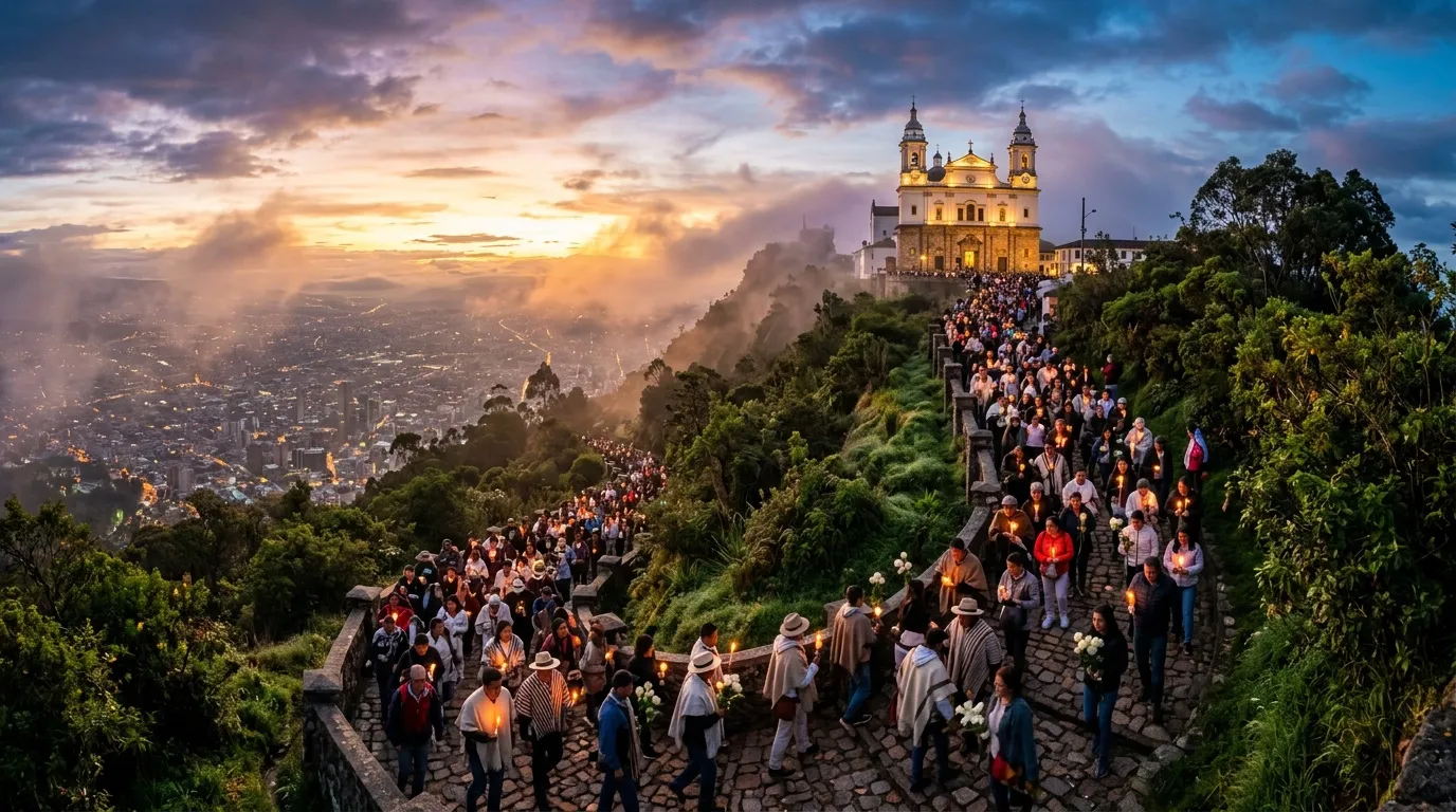 Multitud de peregrinos ascendiendo hacia santuario iglesia dorada montaña