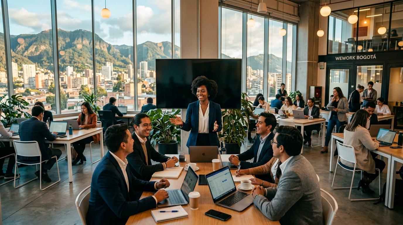 Profesionales en reunión de trabajo en oficina moderna con vista a montañas