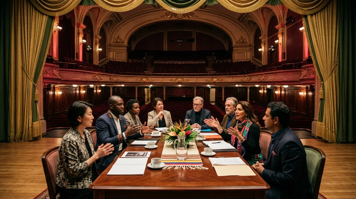 Delegados internacionales debaten alrededor de mesa en teatro