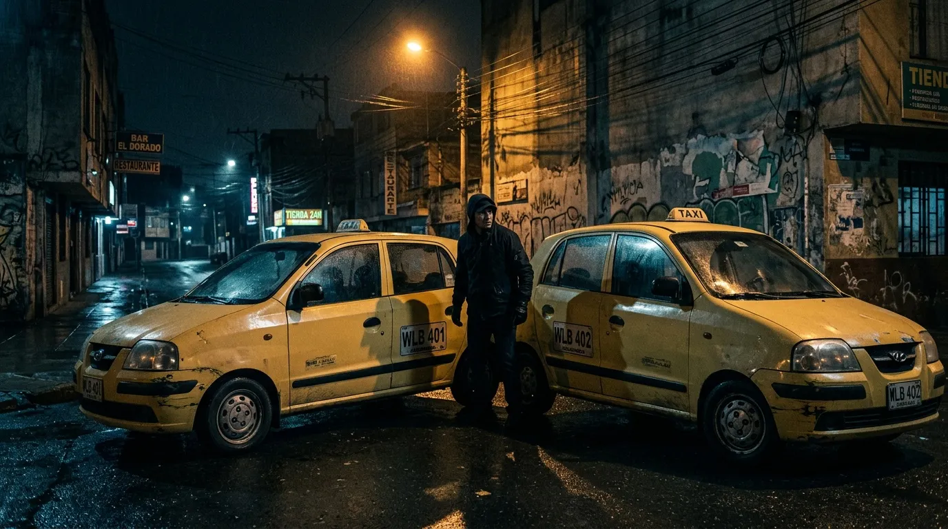 Dos taxis amarillos en noche lluviosa de ciudad