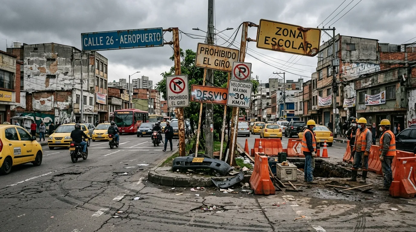 Intersección con obras, señales de tránsito y obreros en vÃas