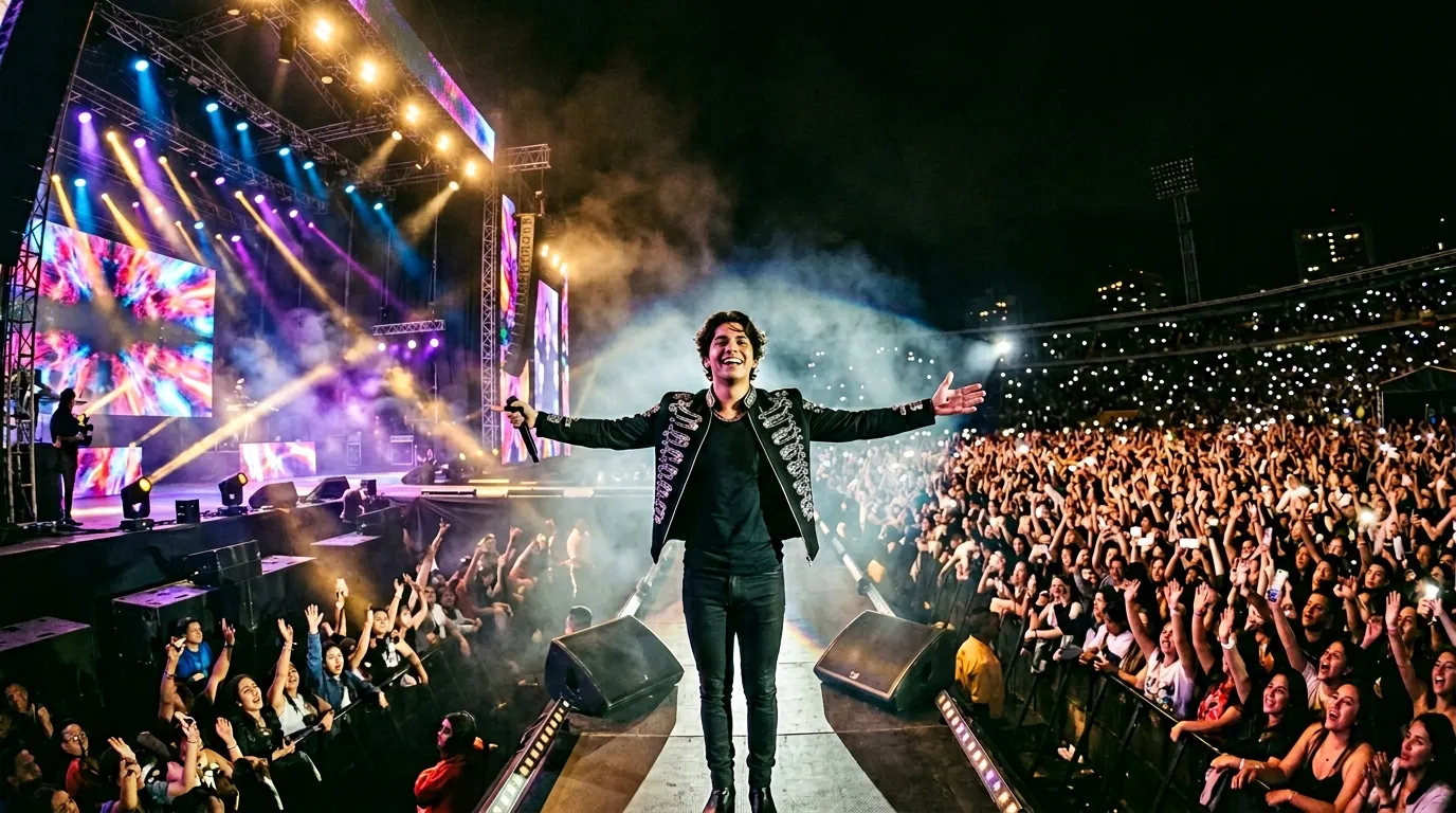 Artista en escenario con brazos abiertos ante multitud entusiasta