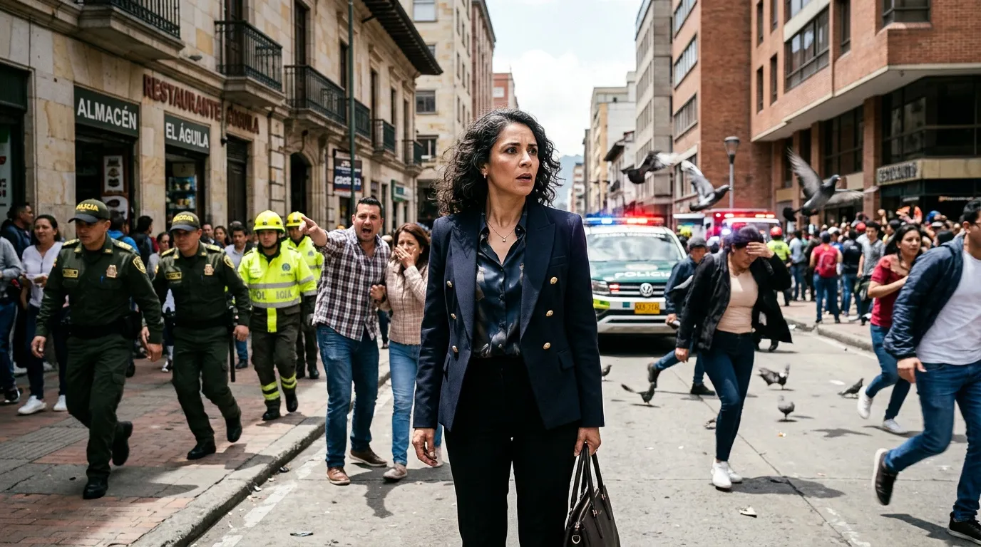Mujer ejecutiva camina entre policÃas y multitud en calle bogotana.