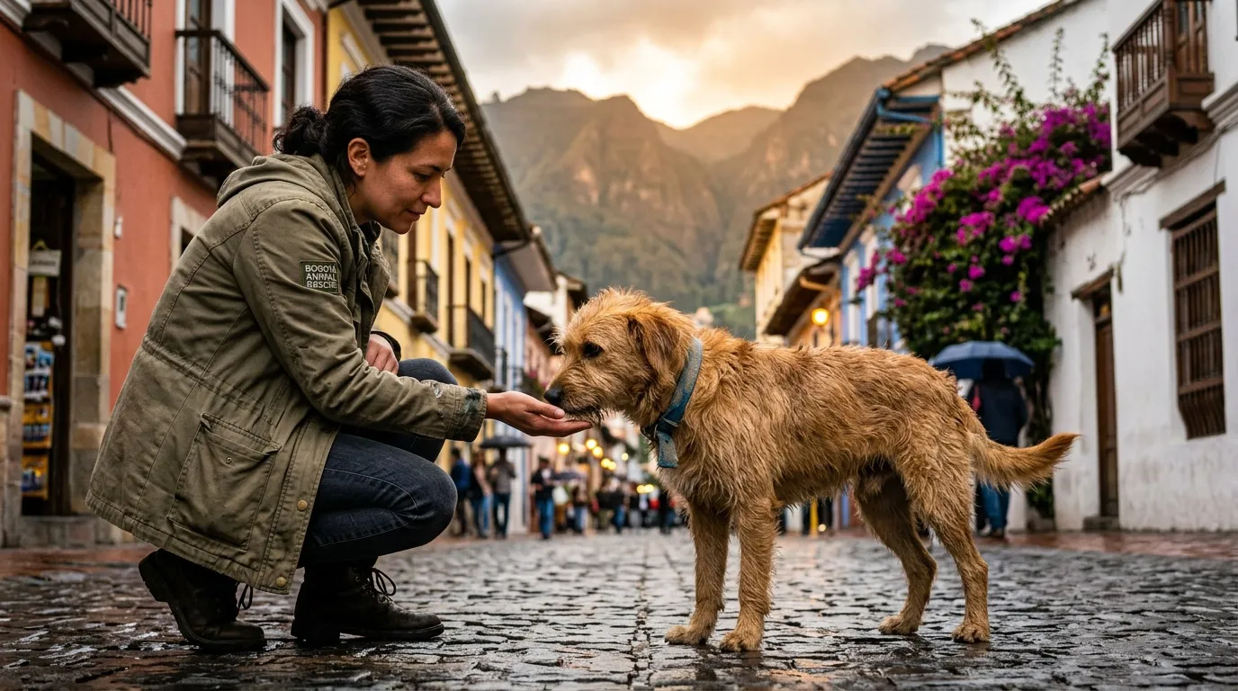 Mujer acaricia perro marrón en calle empedrada de pueblo montañoso.
