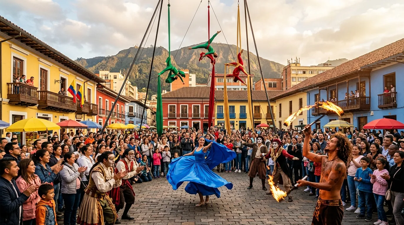 Acróbatas aéreos actuando en plaza colonial con multitud