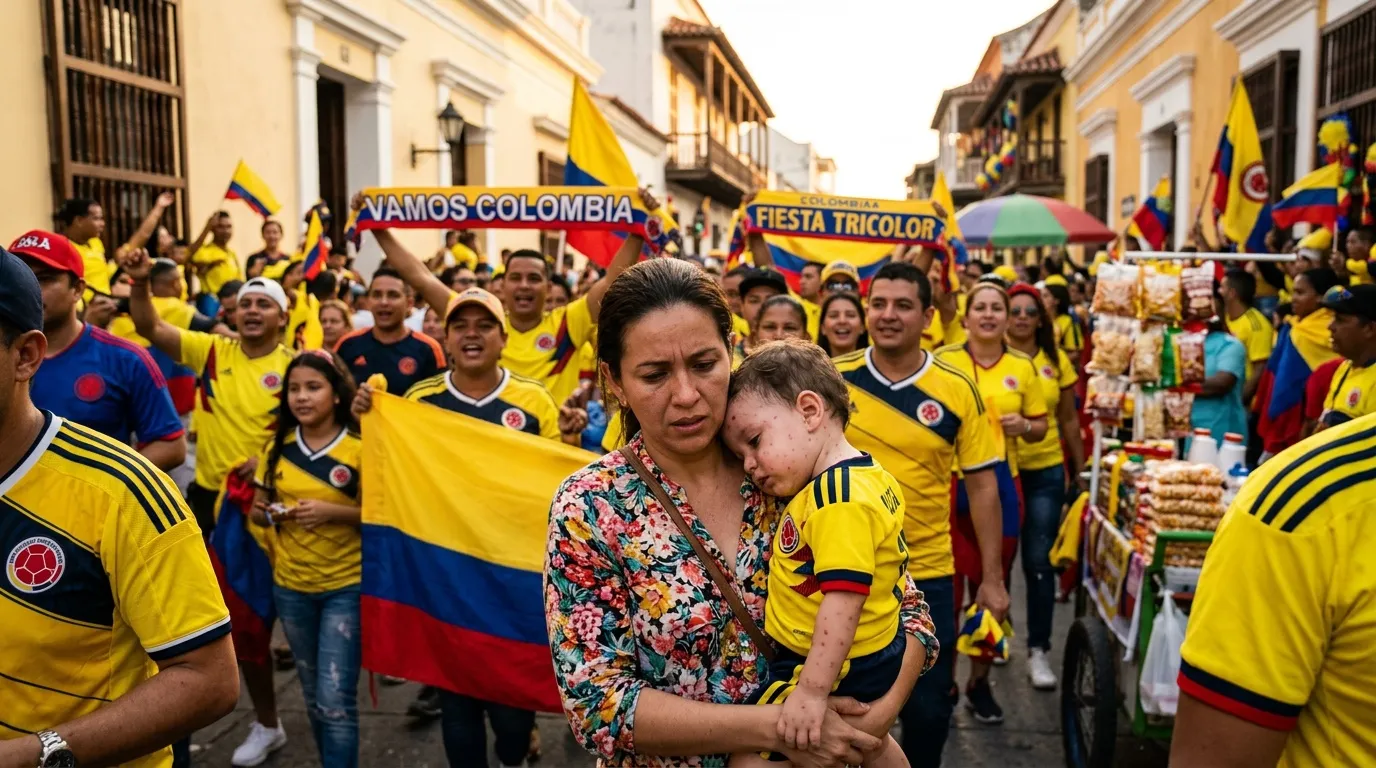 Madre e hijo celebran con bandera colombiana en desfile callejero