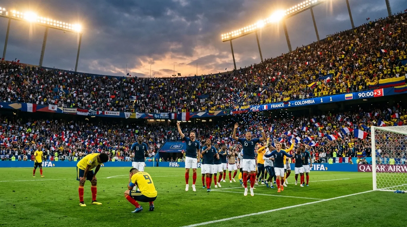Jugadores Francia celebran victoria contra Colombia estadio lleno