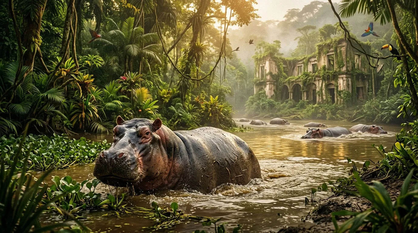 Hipopótamo en río tropical con ruinas y selva exuberante