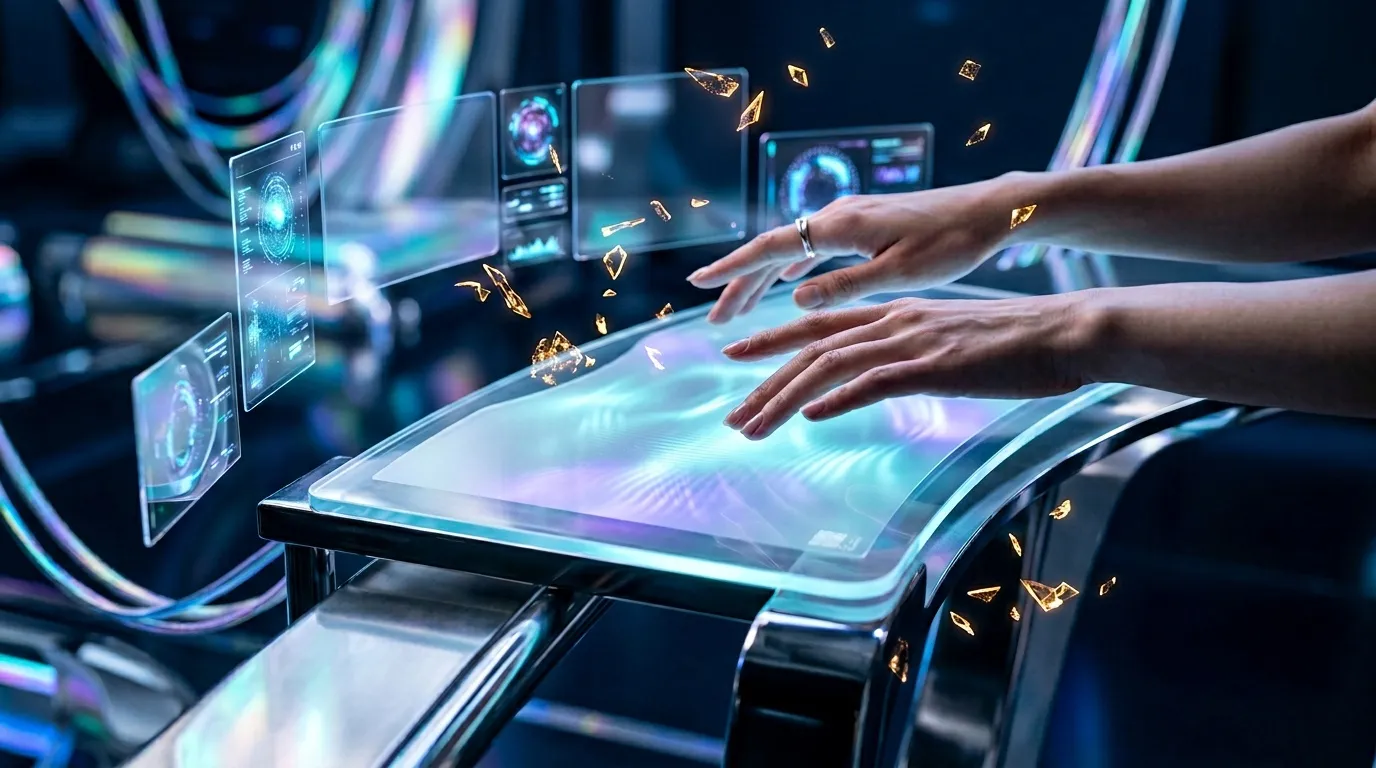Manos interactuando con pantalla táctil holográfica futurista