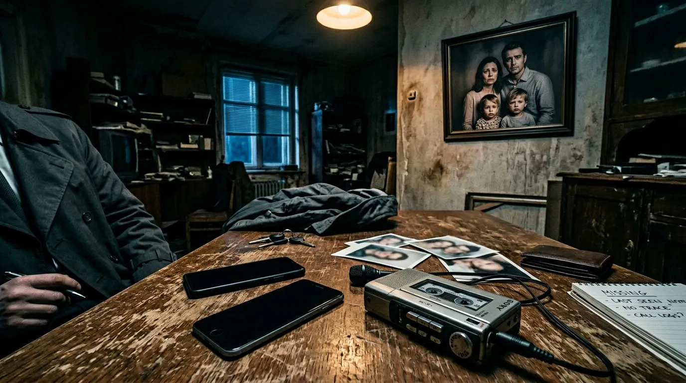 Escritorio con evidencia, fotos familiares y equipos investigación