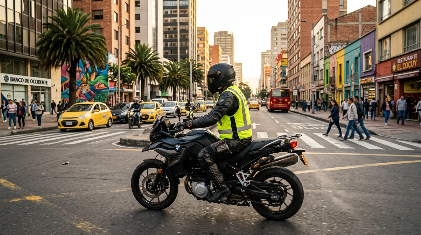 Motociclista con chaleco reflectante en calle urbana.