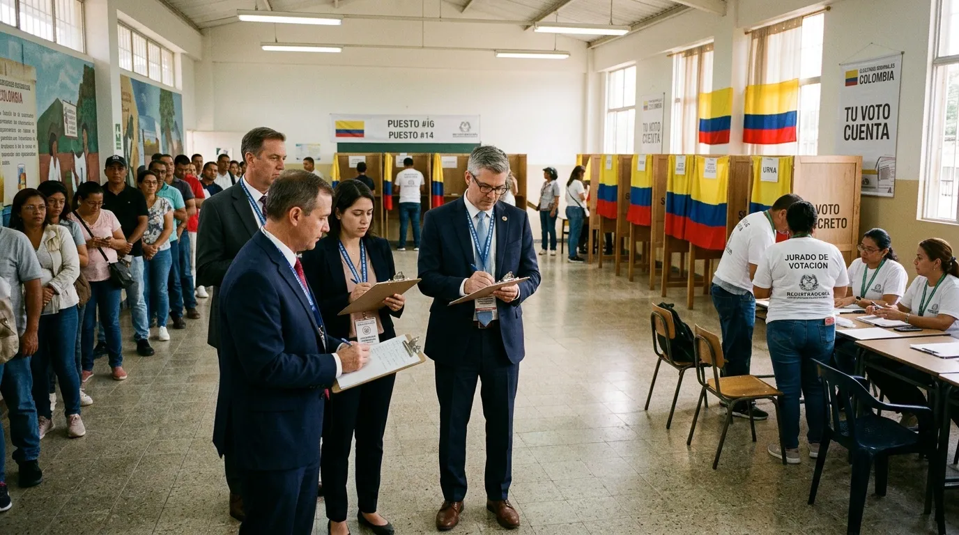 Oficiales supervisan votación en colegio electoral colombiano.