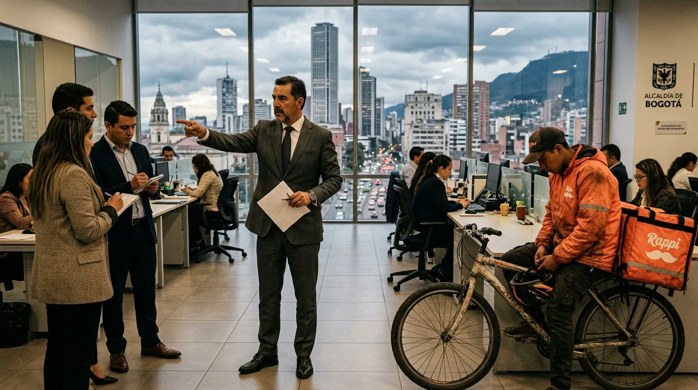 Ejecutivo presenta proyecto a empleados en oficina moderna bogotana