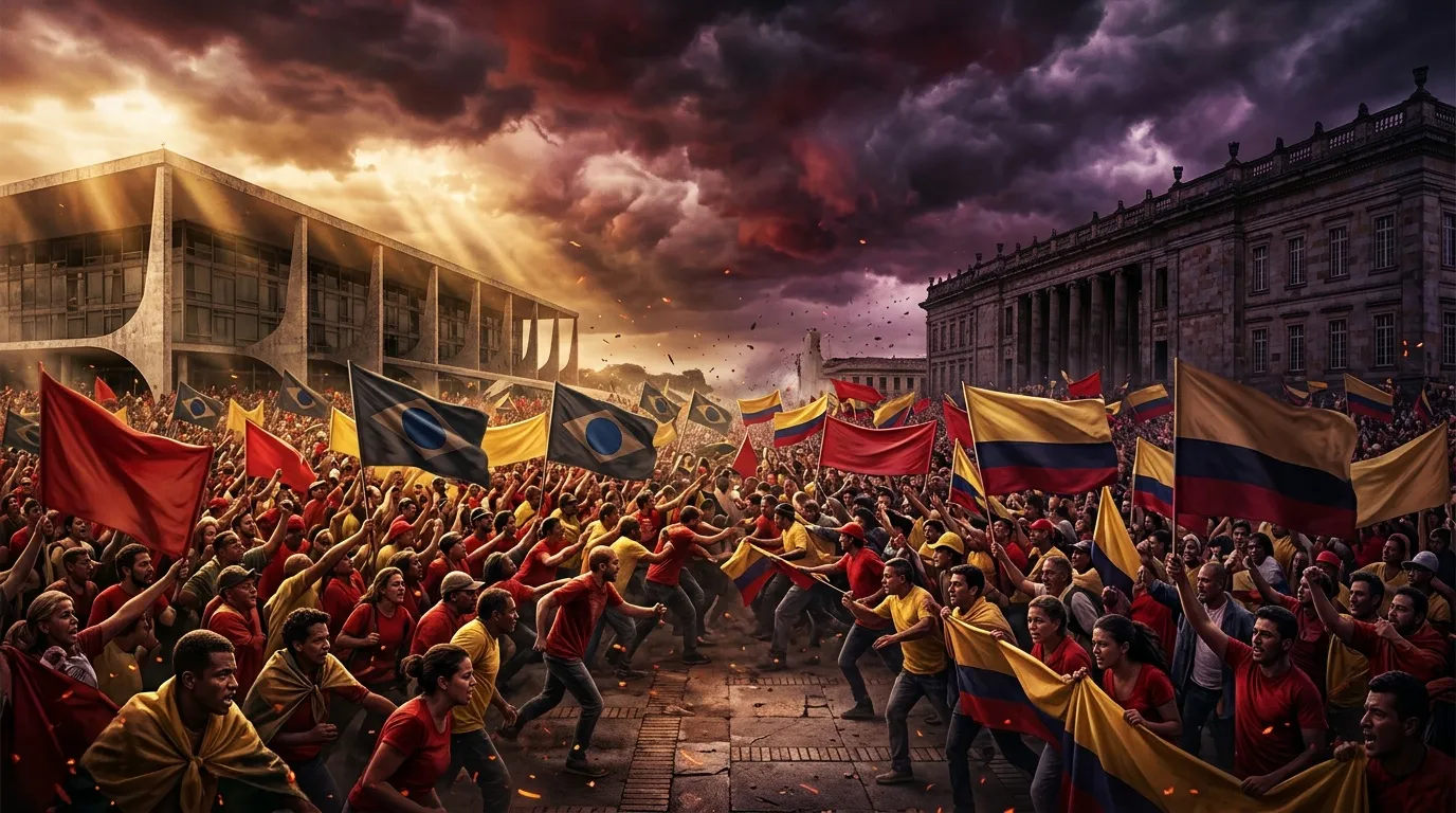 Multitud con banderas rojas y amarillas en plaza durante manifestación