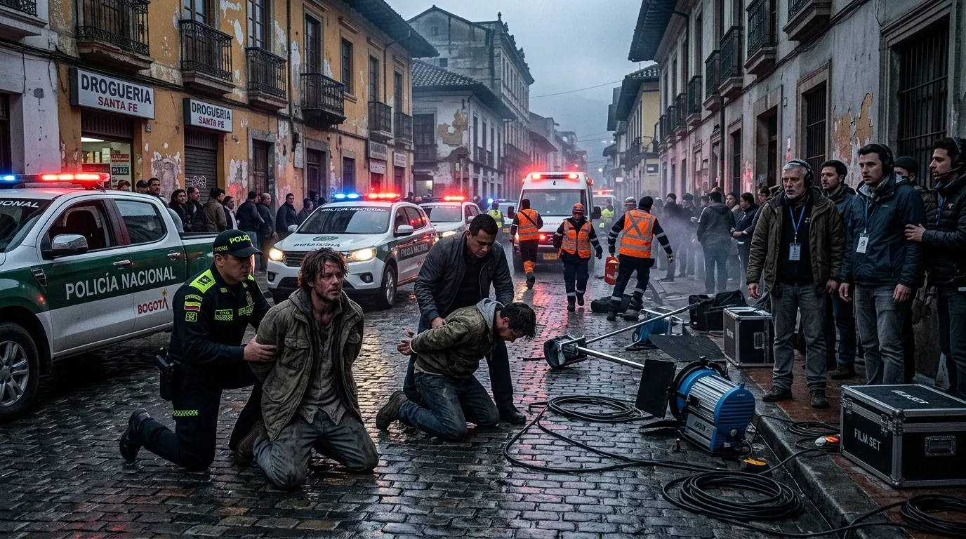 Escena de película con policía y actores en calle colonial