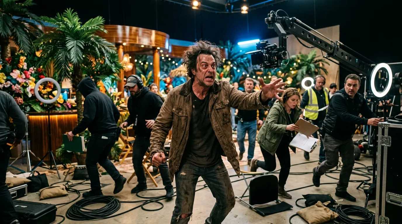 Actor ensayando escena intensa en set de producción cinematográfica