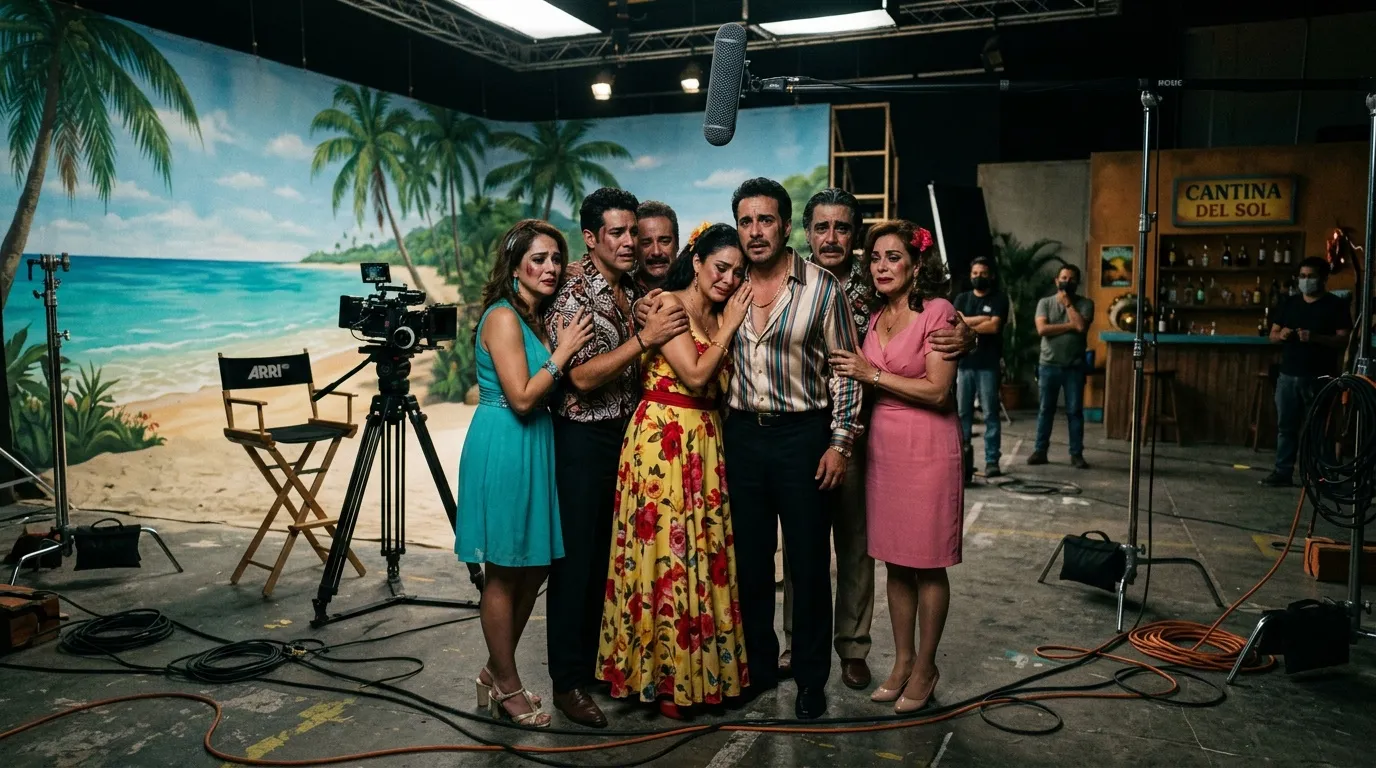 Actores posando juntos en set de cine con decorado de playa