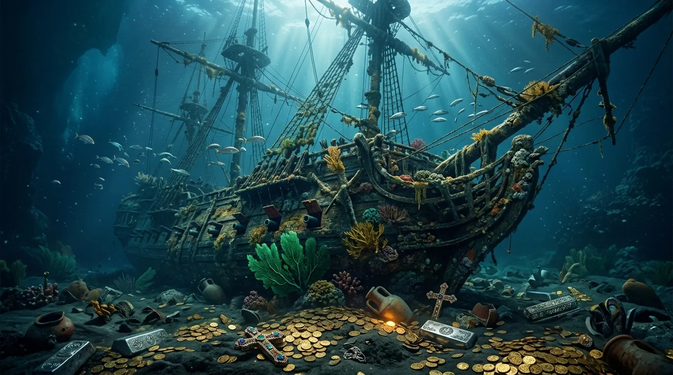 Barco pirata hundido con monedas de oro y tesoros submarinos