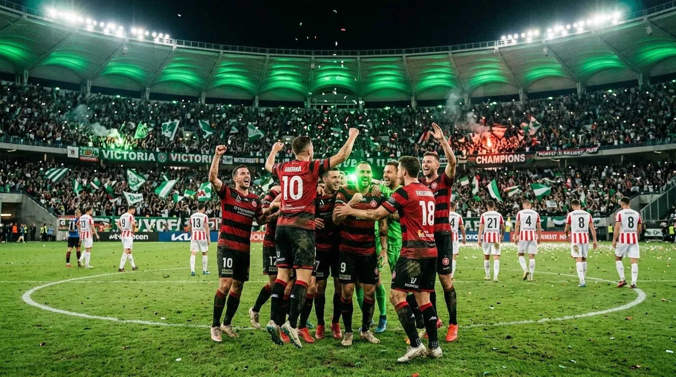 Equipo rojo celebra triunfo en campo de fĆŗtbol iluminado