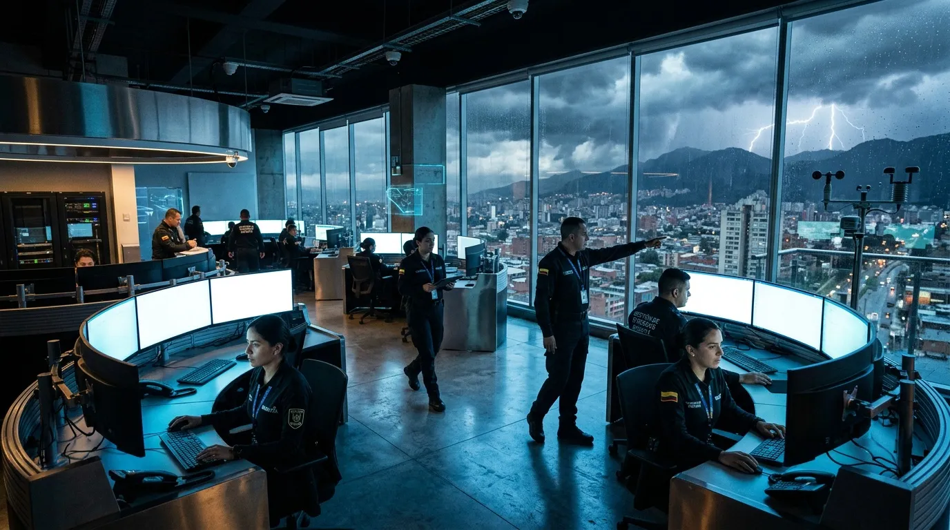 Equipo técnico en sala de control con vista panorámica urbana