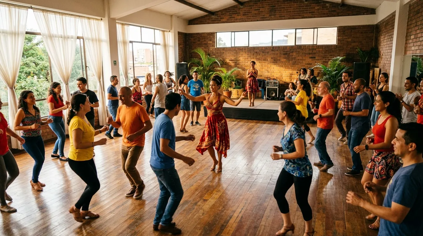 Grupo diverso bailando juntos en salón espacioso con instructor.