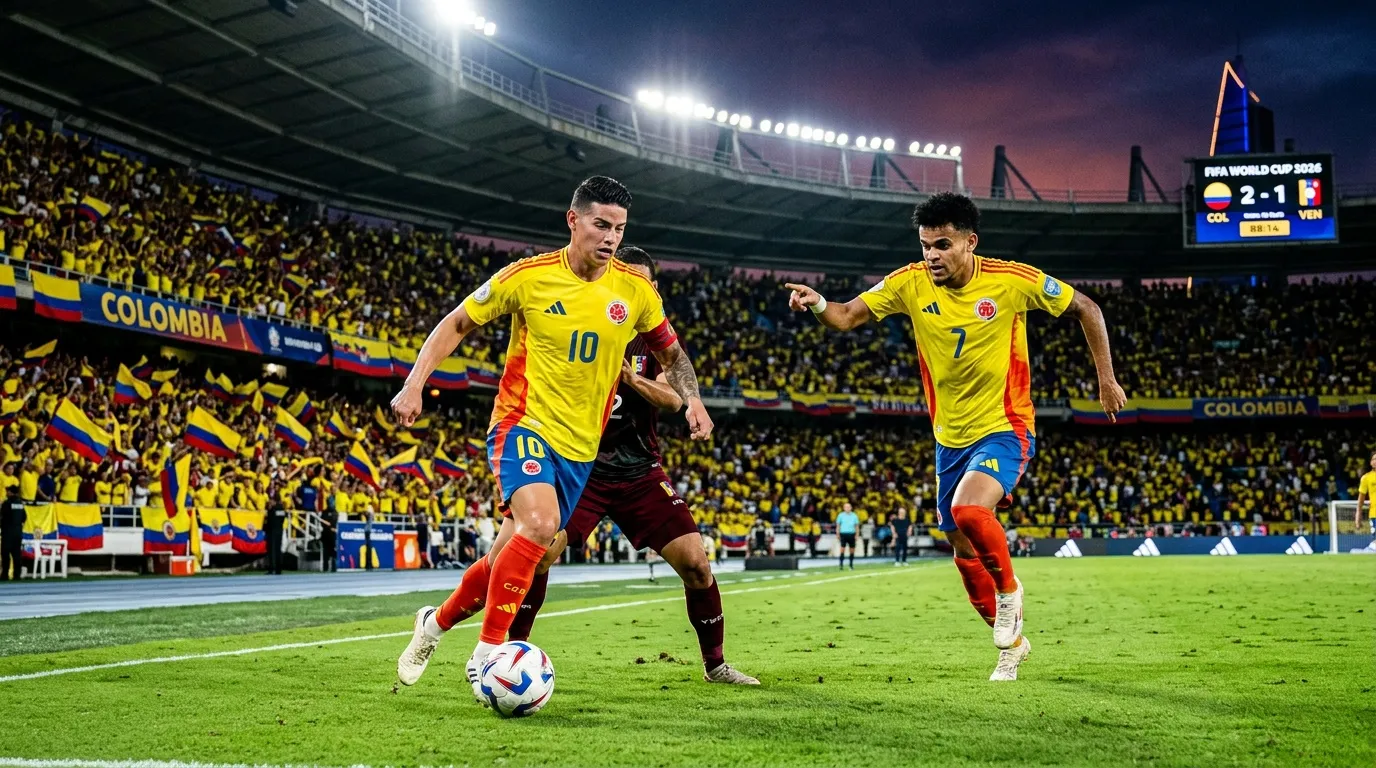 Jugadores colombianos en amarillo controlan el balón en el estadio