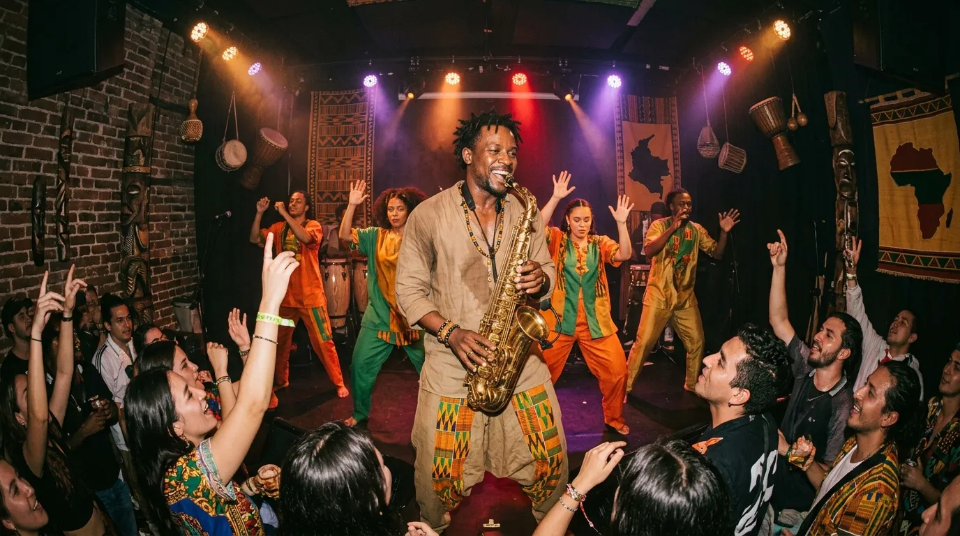 Saxofonista actúa en escenario con bailarines y público entusiasta