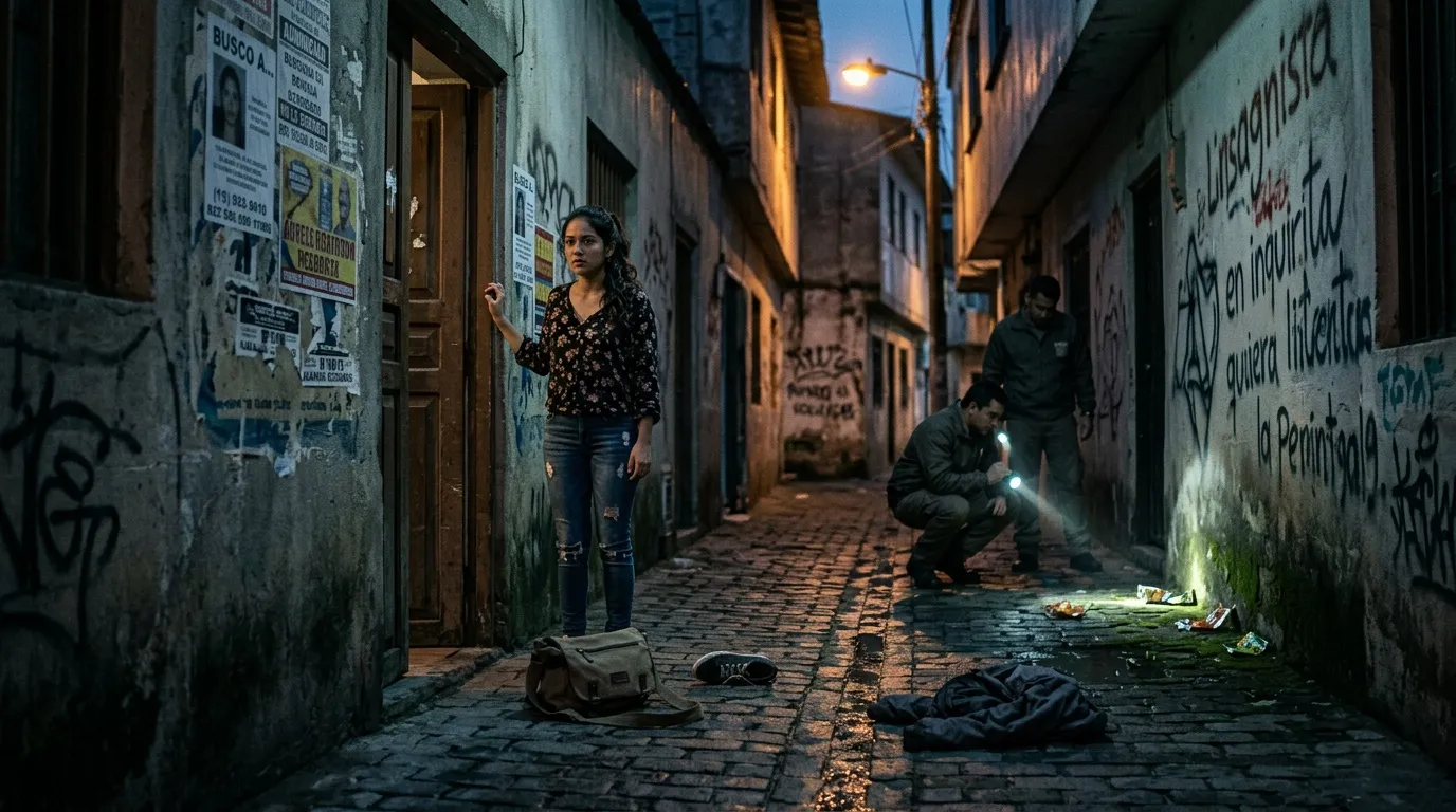 Mujer y hombres en callejón oscuro al anochecer con graffiti