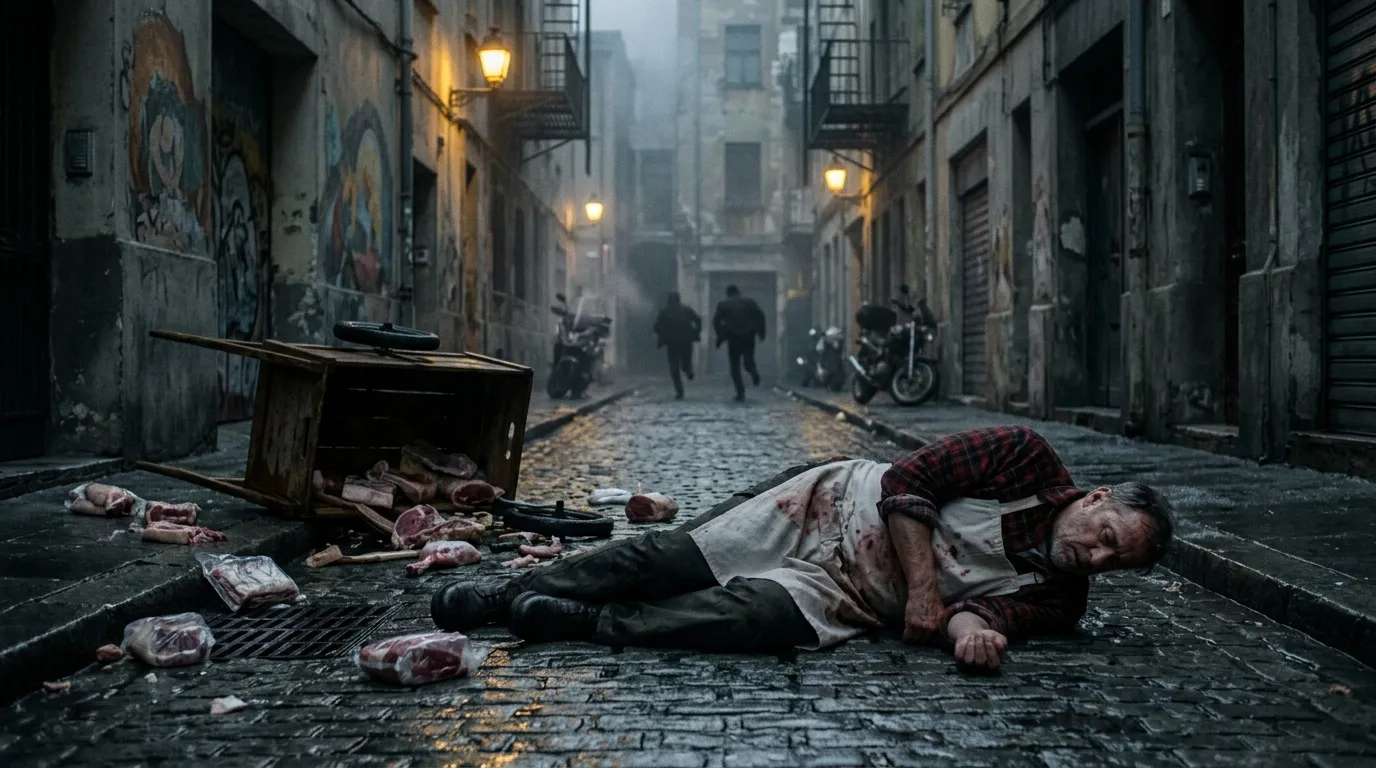 Hombre herido tumbado en calle mojada de ciudad oscura