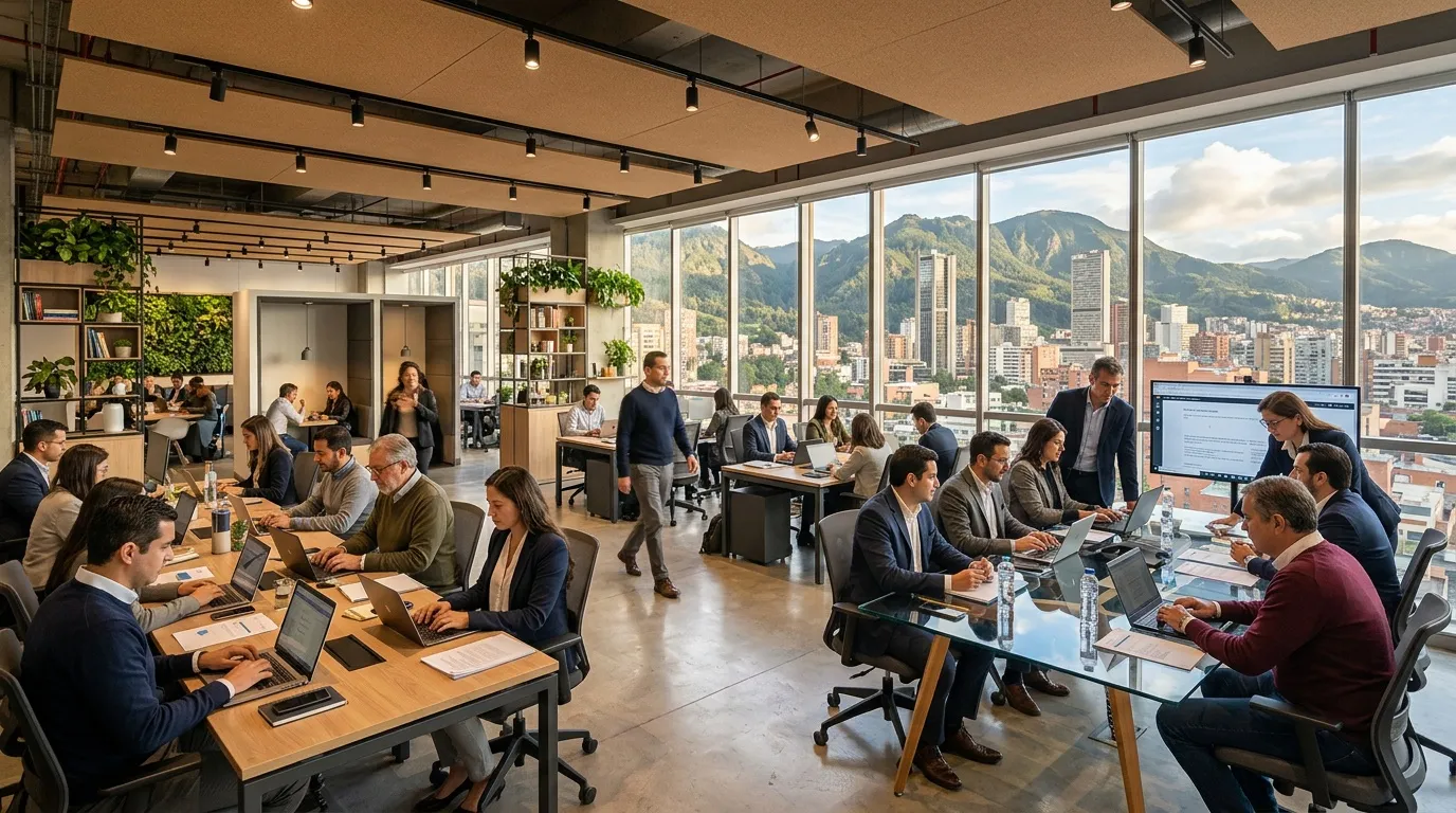 Oficina moderna con empleados trabajando y vista montañosa de ciudad.
