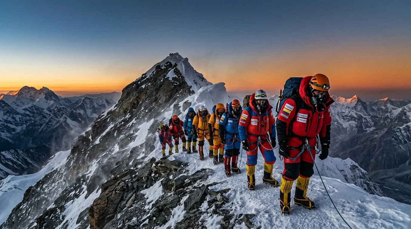 Alpinistas en cordada ascendiendo montaña nevada al atardecer