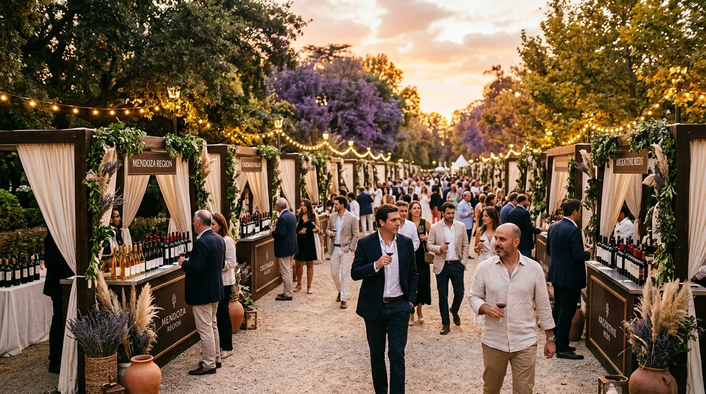 Multitud degustando vinos en festival al aire libre al atardecer