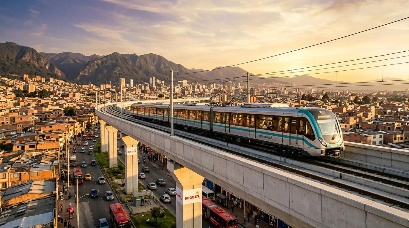 Tren moderno del Metro de Bogotá elevado sobre la ciudad al atardecer